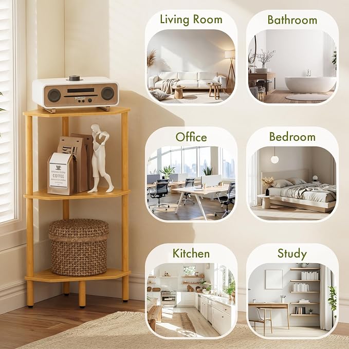 3 Tier Bamboo Corner Shelf, Storage Stand with Adjustable Feet, Small Spaces Corner Bookshelf, Plant Stand, Space-Saving Organizer Shelves, Small Corner Table for Bathroom Kitchen Living Room
