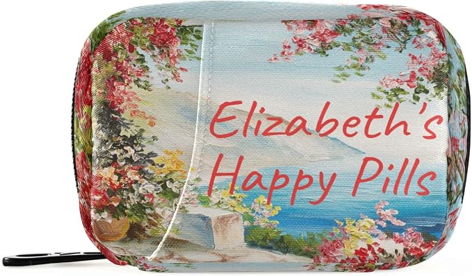 Custom Pill Box 7 Day Pill Case Bag Oil Painting Sea Flowers Personalized Name Travel Pill Organizer Bag with Zipper Portable Weekly Case Compact Size for Vitamin Supplement Holder