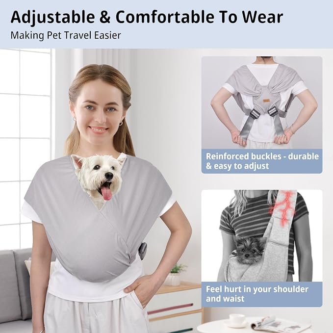 Swaddle Dog Sling Carrier for Small Dogs, Front Pet Sling Carrier Chest,Hands Free Adjustable Cat Sling Carrier Soft Cotton Reducing Pain Puppy Sling Carrier for Small Pet Up to 10lb (Light Gray)