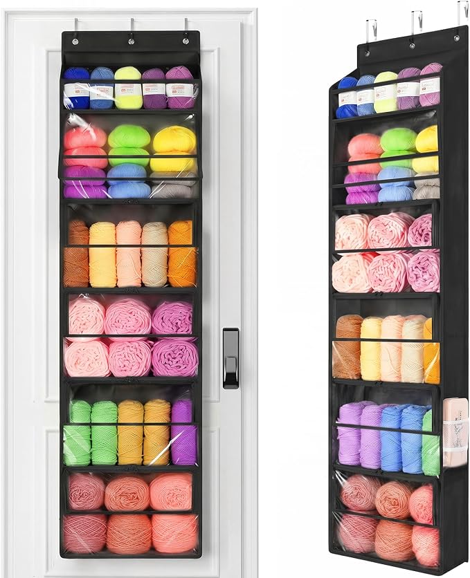 Yecaye Hanging Yarn Storage Organizer with 6 Zippered Closure Compartments, Heavy Duty Stuffed Animal Storage with Clear Full-Front PVC, Dustproof Yarn Holder for Crocheting Storage, Black 6 Tier