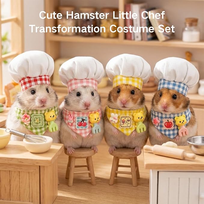 Small Pet Chef Costume Set, Hat & Bandana for Hamster Guinea Pig (Blue) | Cute Plaid Outfit Includes Chef Hat & Decorative Bandana, Soft Cotton‑Resin Material, Great for Photo Prop & Party Dress‑Up