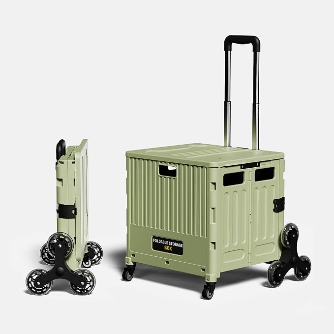 Folding Utility Cart Portable Rolling Crate Handcart Shopping Trolley Collapsible Tool Box, with Lid, Basket on 4 Rotate Wheels, for Grocery, Office, Luggage, Teacher-Green