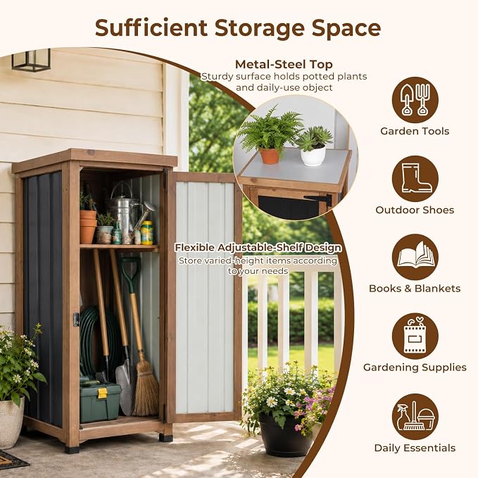 Outdoor Storage Cabinet Waterproof with Metal Top, Wooden Potting Bench Table Tool Organizer with Adjustable Shelf for Patio Backyard Garden