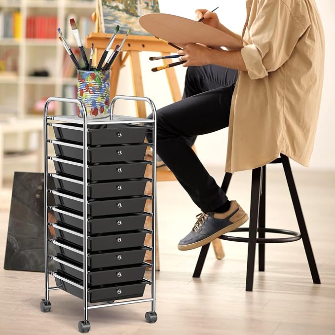 10 Drawer Rolling Storage Cart, Organization Cart with Drawers for Craft Makeup Paper Tool Art Supply, Versatile Utility Cart on Wheels for Home Office Classroom School (Black)