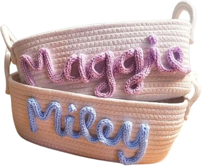 Personalized Cute Small Woven Basket with Handles, Custom Cotton Rope Room Shelf Storage Basket, Empty Decorative Gift Basket, Decorative Round Bin for Nursery Bedroom Bathroom (Style D)