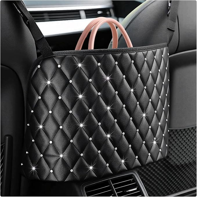 Car Net Pocket Handbag Holder, Large Capacity PU Leather Auto Purse Holder Storage Bag for Front Seats, Driver Storage Netting Pouch Barrier of Backseat Pet, Car Accessories (with Diamond)