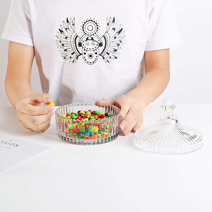 ComSaf 14oz Glass Candy Dish with Lid for Office Desk Small Jar Clear Cute | Covered Candy Storage, Coffee Table Office Desk Bathroom Vanity Decor, Countertop Display, Wedding Favors, Living Room Decor
