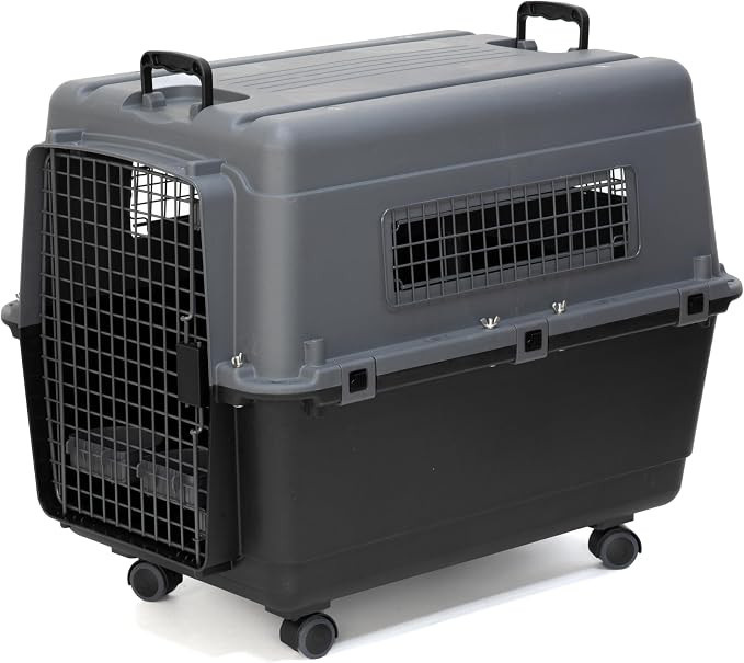 SportPet Airline Compliant LARGE 31.5" Travel Dog Kennel- Durable Plastic Airline Pet Carrier w/ Removable Wheels & Food Bowls, Collapsible Indoor/Outdoor Dog Kennel, Dogs up to 28"L & 20"H-Dark Gray