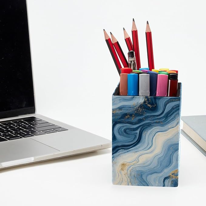 Marble Texture Pen Holder for Desk Decor, Rectangular PVC Leather Pencil Cup for Desk Pen Organizer, Makeup Brush Holder for School, Home, Office