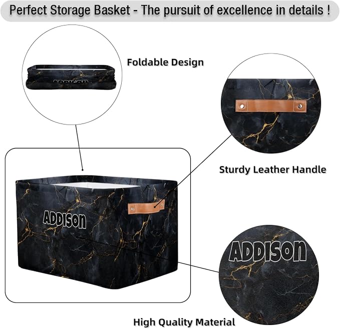 Custom Name Storage Bin, Personalized Rectangular Storage Basket with Handles for Organizing Boys Girls Toys Office Closet Shelf Baskets Dark Black Marble Texture with Golden Line