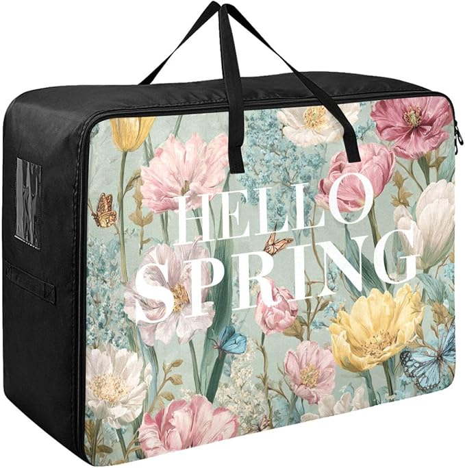 Comforter Storage Bags Large Folding Blanket Organizer Bag with Strong Handles Clear Window Closet Storage Containers for Clothes King Queen Pillows Bedding Quilt Duvet Green Spring Tulip Wildf