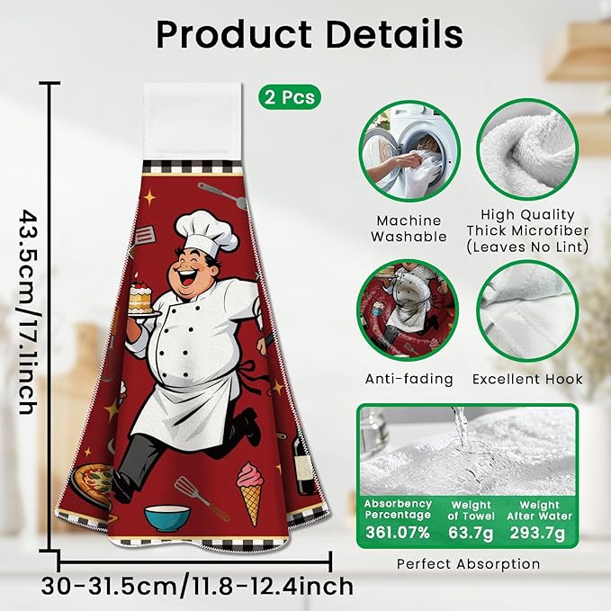 CUTHOLLOW Cartoon Chefs Hanging Kitchen Towels with Loop, Set of 2 - Soft & Super Absorbent Microfiber Decorative Hanging Dish & Hand Towel, Tea, Coffee Towel for Kitchen Bathroom Oven Handle