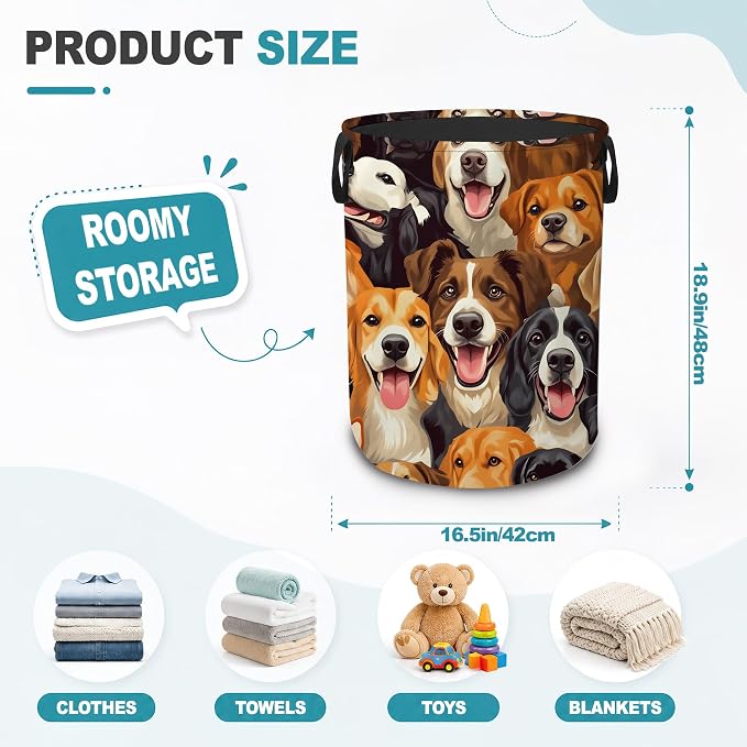 Cute Puppy Dog Faces Dirty Clothes Hamper,Foldable Laundry Basket with Handles,Pet Lover Waterproof Oxford Cloth Storage Bin for Bedroom Bathroom Nursery,16 x 20 Inch