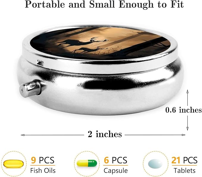 Pill Box, Small Pill Organizer with 3 Compartments and Mirror, Cute Round Portable Travel Metal Pill Case for Pocket or Purse, Privacy-Protecting Medicine Box-Jungle Forest Deer