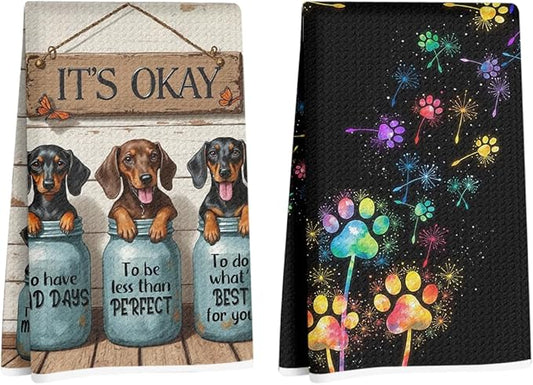 2 Pcs Dachshund Kitchen Towels 24x14 Inch, Weiner Dog Reusable Dish Towels for Kitchen Bathroom Decor, Waffle Weave Dog Paw Print Hand Cloth Tea Towel, Dachshund Gifts for Women Mom Friend