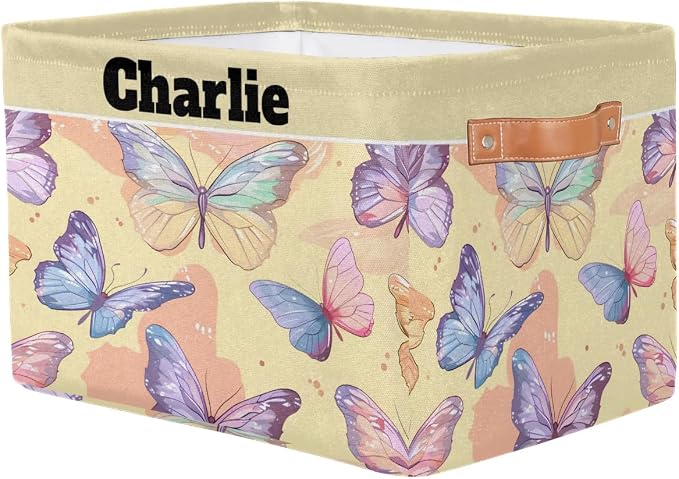 Personalized Storage Bins, Customized Name Storage Basket Rectangle Clothes Organizer for Organizing Kids and Pets Toys Shelf Closet, Watercolor Pink Purple Butterflies Yellow