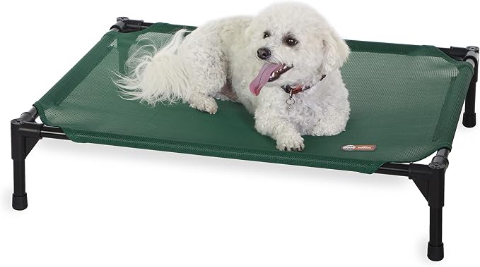 K&H Outdoor Elevated Dog Bed, Cooling Raised Dog Bed, Medium 32x25in, Green | Pet Cot for Small & Medium Pets, Breathable Mesh 360 Hammock Design, Indoor/Outdoor Washable Cover, Portable Metal Frame