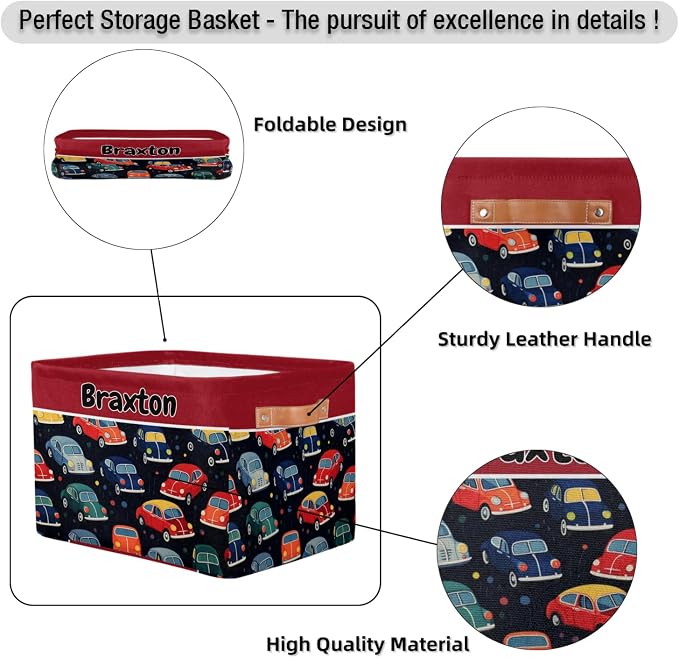 Personalized Foldable Storage Basket with Name, Laundry Hamper Dirty Clothes Pet Toys Storage Bin with Handles for Shelf Home Closet Kitchen, Colorful Car Pattern