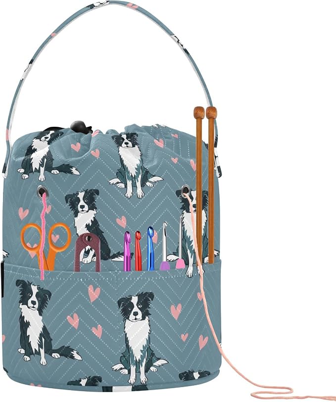 Fustylead Cute Border Collie Dog and Pink Hearts Crochet Drawstring Organizer, Large Yarn Bag Storage Tote Basket for Crocheting On The Go, Kit Holder, Gift for Knitter, Crochet Beginner