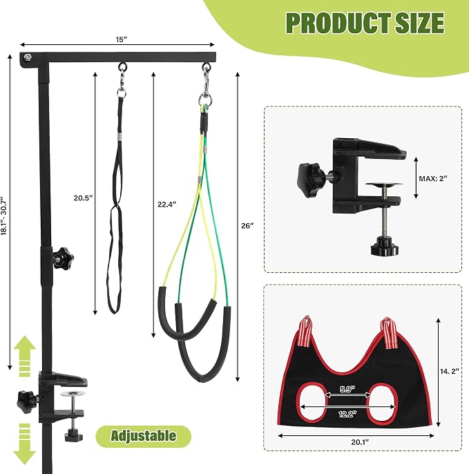 Dog Grooming Arm 35" with Hammock, Haunch Holder for Small Medium Pets | Adjustable 18"-35" Dog Grooming Table Stand with Loop Noose, Fits 2" tables, for Small/Medium Dogs under 30 lbs