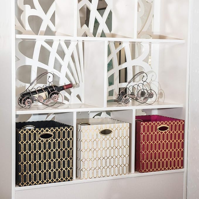 Posprica Storage Bins, Storage Cubes,13×13 Fabric Drawers Organizer Basket Boxes Containers (13×13×13/4pcs, Black/gold geometry Pattern)