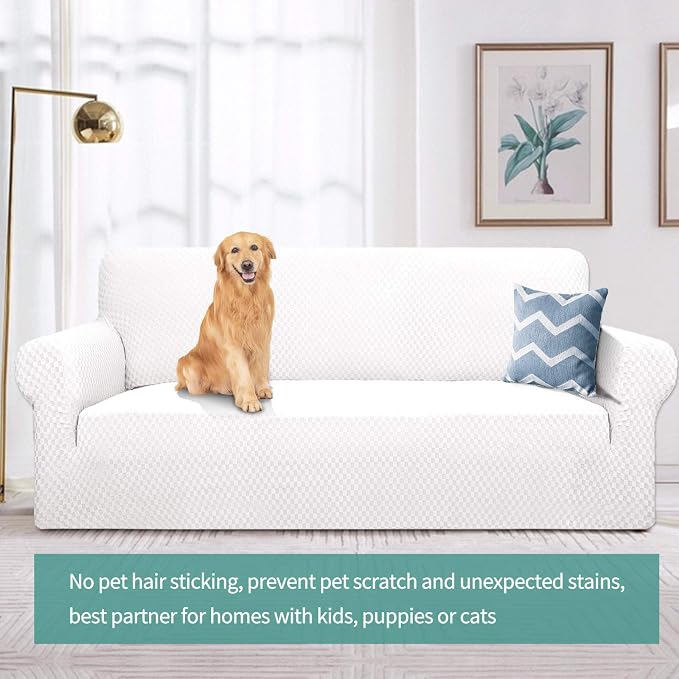 YEMYHOM Couch Cover Latest Jacquard Design High Stretch Sofa Covers for 2 Cushion Couch, Pet Dog Cat Proof Loveseat Slipcover Non Slip Magic Elastic Furniture Protector (Medium, White)