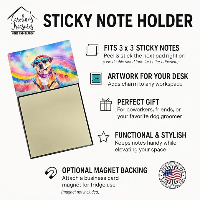 Caroline's Treasures Pug Hippie Dawg Sticky Note Holder Refillable Dispenser Self-Sticky Note Pads, Memo Pads Blank Desk Accessories