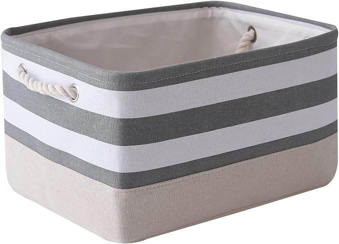 Storage Basket Fabric Basket with Handles Dog Toy Basket Cloth Storage Bin Shelf Basket Decorative Storage Basket Shoe Basket Gift Basket(Grey&White Stripes-1 Pack,15.7L×11.8W×8.3H)