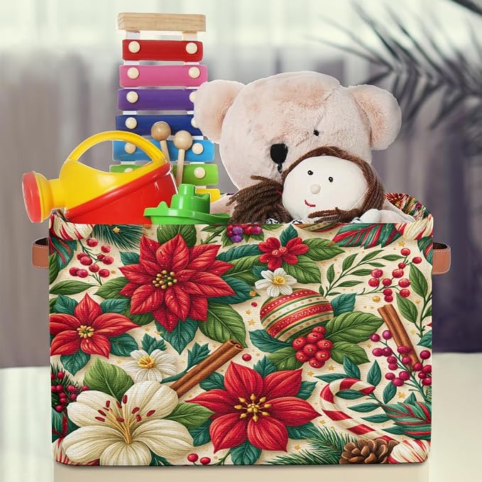 Christmas Basket Storage Bins Rectangle Canvas Basket Cube Storage Box | Nursery Foldable Basket with Handle for Kids Girls Boys Toys Living Room Closet Organizer Shelf Gifts Poinsettia Bell