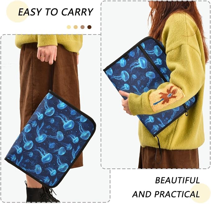 13 Pocket Zipper Expanding File Folder A4 Ocean Jellyfish | Accordion File Organizer with Front Pouch A4 Letter Size Portable Folders for Documents Receipt School Office Supplies