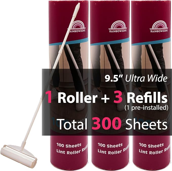 RainbowZone 9.5" Extra Wide Lint Roller for Pet Hair Removal - Extendable Long Handle with 300 Super Sticky Sheets for Furniture, Couch, Car & Carpet Cleaning - Large Pet Hair Remover with 3 Refills