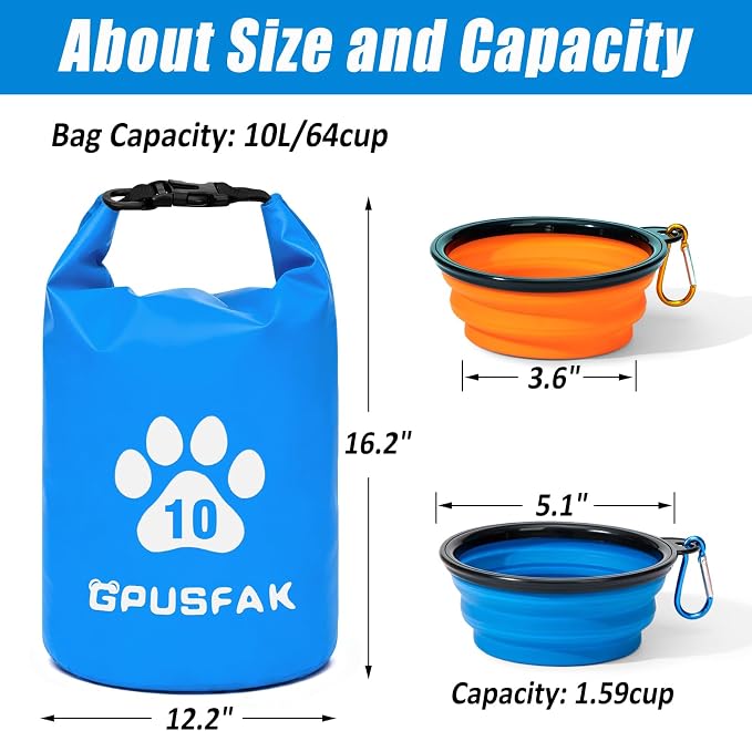 Pet Food Storage Bag with Bowl (64 Cup) - Zip Roll Top Dog Food Travel Bag Waterproof Kibble Container for Camping Road Trips Travel Dog Boarding Weekend Getaways Machine Washable 10L Blue