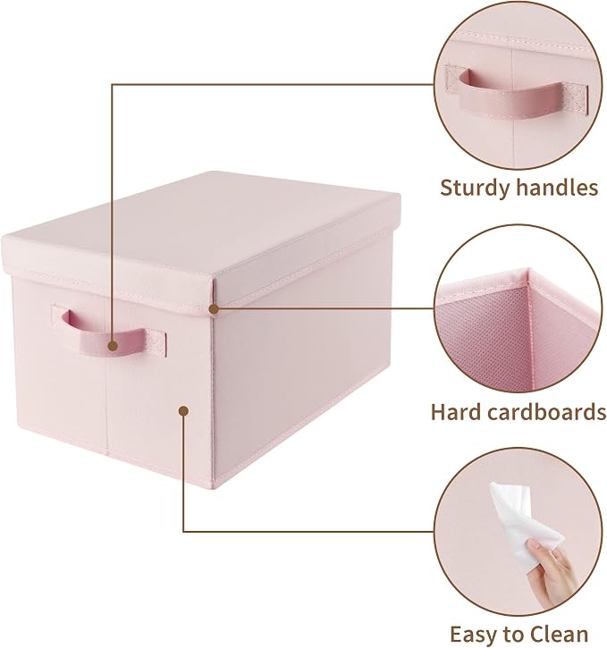 GRANNY SAYS Storage Bins with Lids, Decorative Storage Boxes with Lids | Storage Box with Dust Cover, Handles & Lable, Collapsible, Ideal for Closet Clothes Blanket Toys, Medium, Pink, 3-Pack