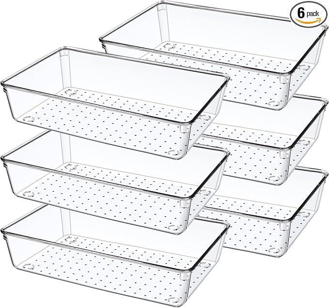 6 Pack Drawer Organizers, Plastic Clear Acrylic Non Slip Non Cracking kitchen drawer organizer Stackable Bathroom Drawer Organizer Trays, Storage Bins for Makeup, Bathroom, Kitchen Office