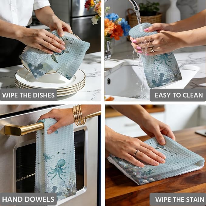 2PCS Vintage Octopus Sea Turtle Kitchen Towels 14x24 Inch, Absorbent Microfiber Decorative Dish Cloth Tea Towel, Ocean Theme Waffle Hand Towels for Kitchen Home Bathroom, Housewarming Gifts for Women