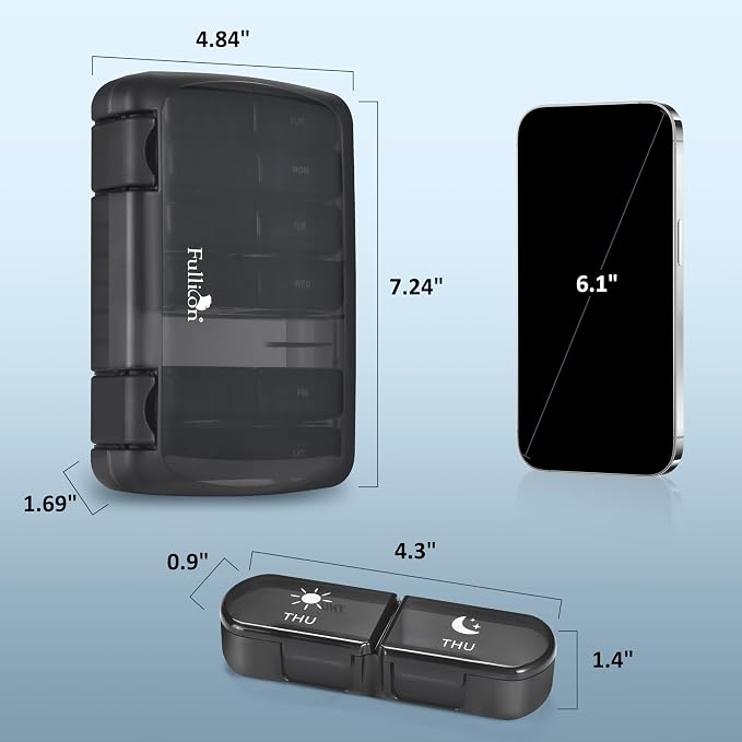 Fullicon Large Portable Pill Organizer 2 Times a Day, Black | Each Compartment Holds 10 Fish Oils or 16 Vitamins, Lid Stays Open Reliably, Double Secure Lock, Durable Hinges, Fits Purse