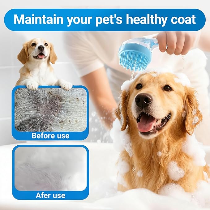 Pet Bath Brush, 2Pcs Dog Bath Brush 2 in 1 Dog Shampoo Brush with Built-in Soap Dispenser for Showering Long Short Haired Dogs Cats (Blue)