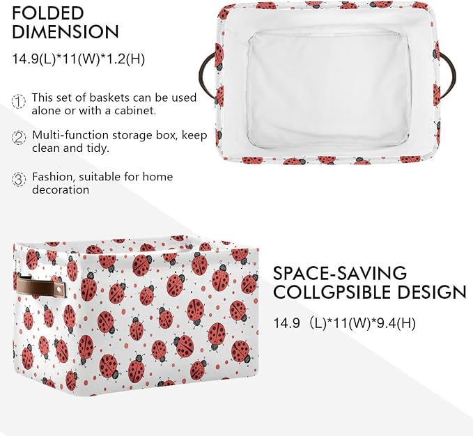 Ladybug Storage Basket Bin, Large Cube Storage Box Canvas Collapsible Storage Organizer for Home Office Closet - 15 L x 11 W x 9.5 H