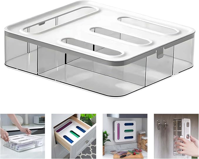 4 IN 1 Food Storge Bag Organizer for Kitchen Drawer, 4-Slot, Wall Mountable | Compatible with Sandwich, Snack, Gallon & Slider Bags, with Locking Lid Design Food Storage Bag Holder, Space saving