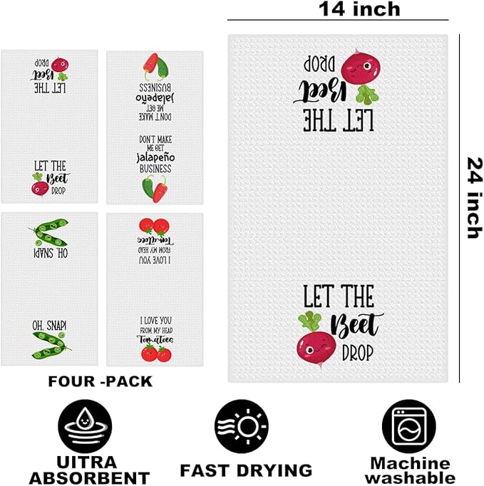 4 Pcs Funny Vegetable Kitchen Towels 24x14 Inch, Chili Carrot Pepper Tomato Decor Microfiber Reusable Tea Towels for Kitchen Farmhouse, Durable Waffle Dish Drying Towel, Plant Gifts for Women Mom