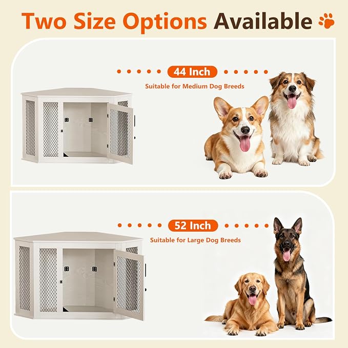 52" Corner Dog Crate Furniture, Wooden Dog Kennel Indoor | Corner Dog Kennel Furniture for Medium-Large Dogs, White Space-Saving Decorative Indoor Pet House with Mesh Door & Lock