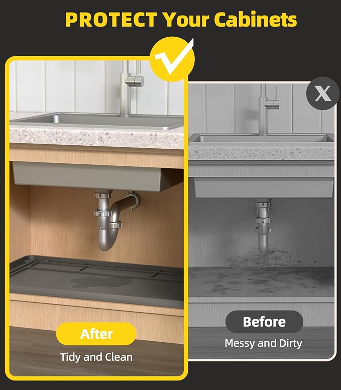 Under Sink Mats for Kitchen Waterproof 34"x22",Grey | Cut to Fit Design for Various Sizes, Leak-Proof Cabinet Protection,Durable Silicone Material,Versatile Home Use