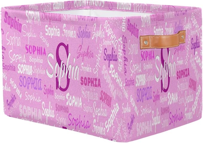 Personalized Kids Toy Box with Name, Custom Nursery Baskets Cubes Bins, Kids Custom Storage Basket Laundry Baskets Organizer with Handles, Pink Background