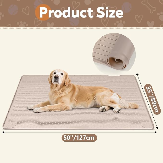 Silicone Dog Crate Mat 50"x 35" Under Dog Crate Kennel Pad Mat, Khaki | Extra Large Dog Cage Mat, Non-Slip Waterproof Dog Playpen Mat, Reusable Washable Dog Mat for Crate, Protect Floors