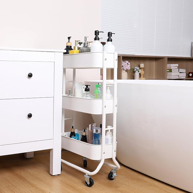 MAX Houser Slim 3-Tier Rolling Utility Cart with Extra Hook, White | Narrow Metal Bathroom Storage Multifunctional Organizer Carts with Wheels with Extra Hook, Laundry Room,Kitchen,Small Space