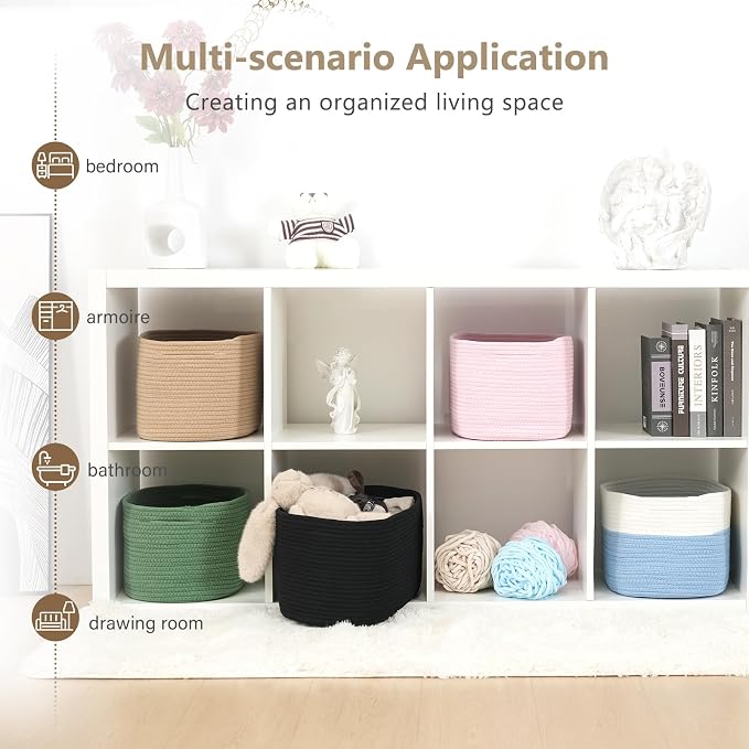 ECDYQXVU 15x10x9 Inch Woven Cotton Rope Storage Basket, 1 Pack | Foldable Design, Built-in Handles, Space-saving Organizer for Living Room, Bedroom, Laundry, Shelves, Clothes, Towels