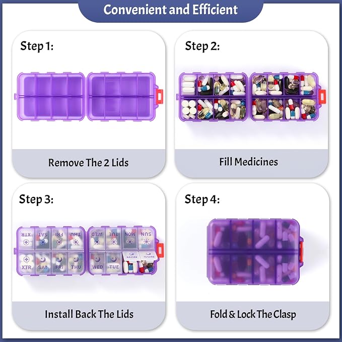 Foldable Weekly Pill Organizer 2 Times a Day with 2 Extra Compartments - Etched Labels - Portable 7 Day AM PM Medicine Box, Week Daily Travel Pill Case Holder for Vitamin, Supplement -Clear Purple