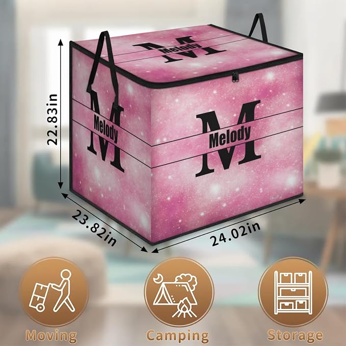 Personalized Extra Large Storage Bins with Lid, Customized Name Jumbo Storage Basket Rectangle Clothes Organizer for Organizing Kids and Pets Toys Shelf Closet, Pink Galaxy with Initial Letter
