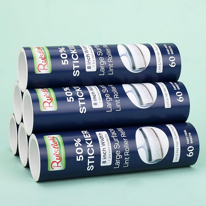 50% Stickier Large Surface Lint Roller Refill for Scotch-Brite Pet Hair Pickup Extra Sticky Large Lint Roller 8 inch Replacement Refills 6 Rolls, 60 Sheets per Refill, 360 Sheets Total