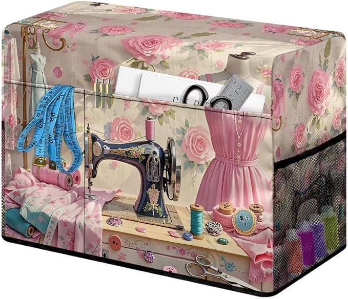 Sewing Element Sewing Machine Cover with Storage Pockets,Dust & Pet Hair Protection,Fits Standard Singer, Brother and Janome Machines, Protecting & Decorating Your Sewing Space (Pink)